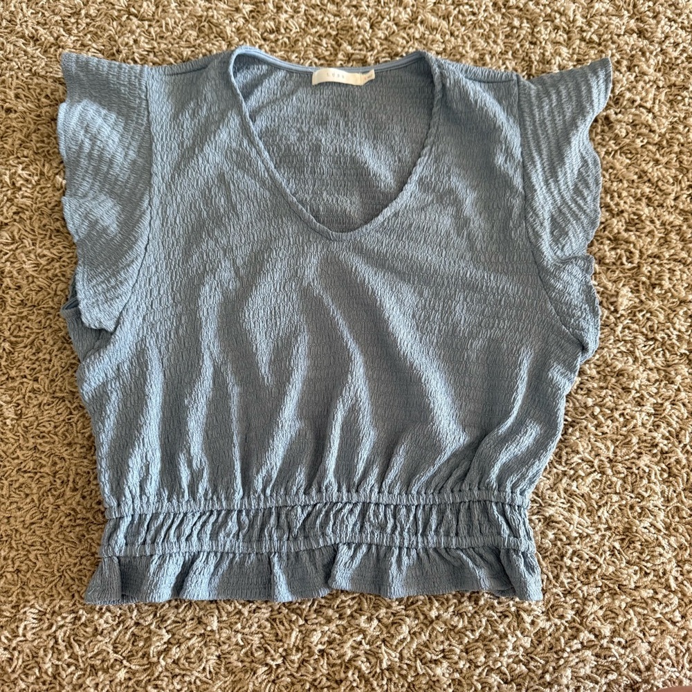Lush Blue Ruffled Cap Sleeve Blouse